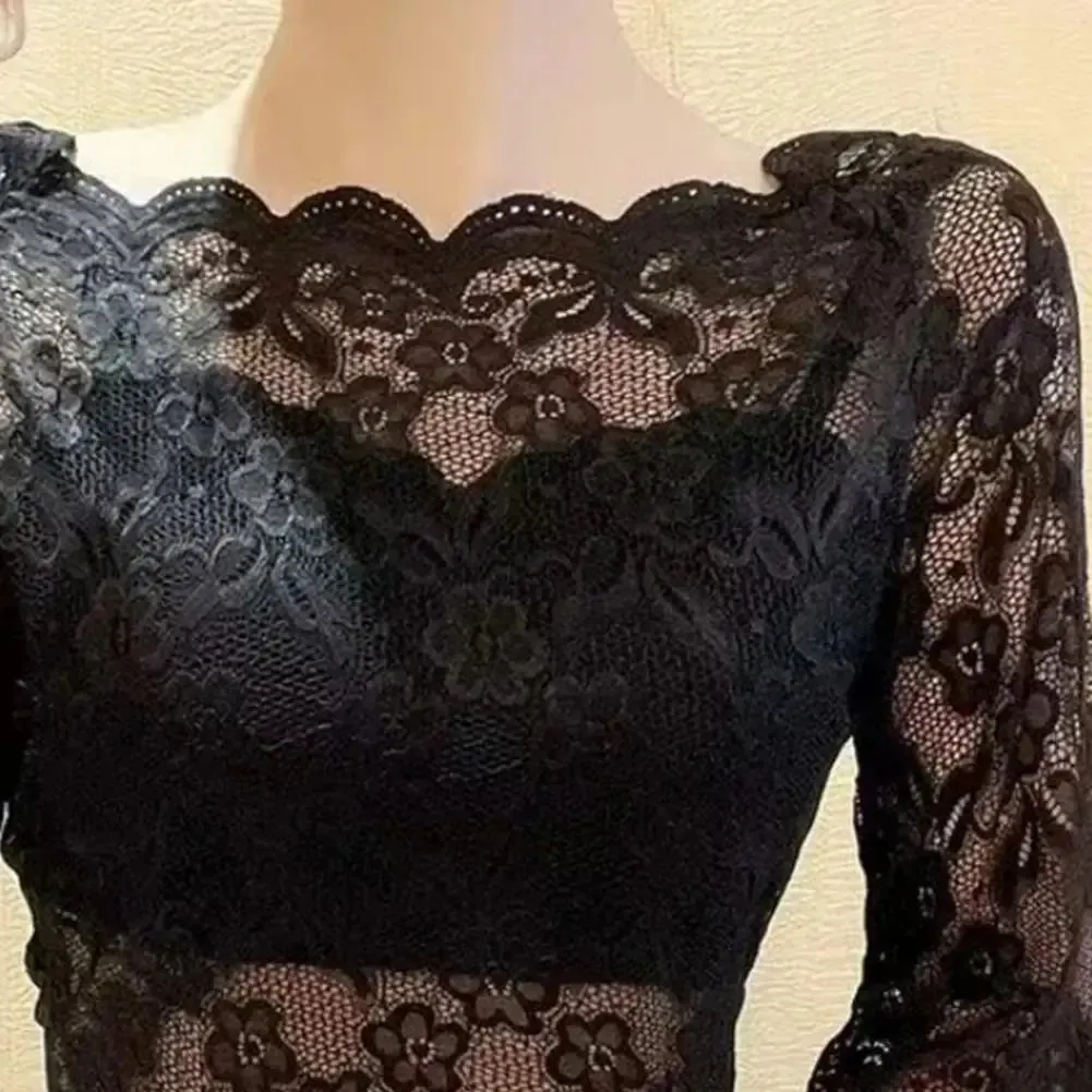 Summer Floral Lace Blouse Black White Long Sleeve Top Sexy Female T-Shirt Transparent Cropped Tops Tee Tops Slim Ladies T-Shirts