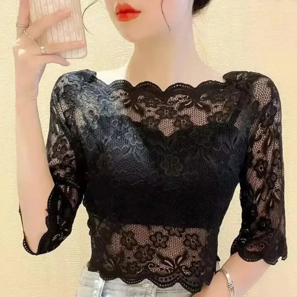 Summer Floral Lace Blouse Black White Long Sleeve Top Sexy Female T-Shirt Transparent Cropped Tops Tee Tops Slim Ladies T-Shirts