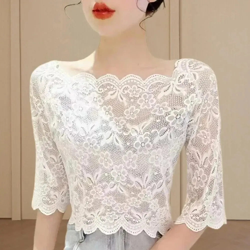 Summer Floral Lace Blouse Black White Long Sleeve Top Sexy Female T-Shirt Transparent Cropped Tops Tee Tops Slim Ladies T-Shirts