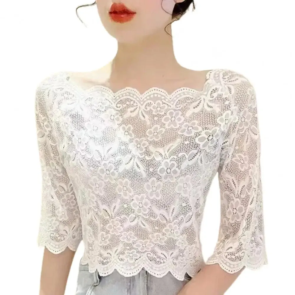 Summer Floral Lace Blouse Black White Long Sleeve Top Sexy Female T-Shirt Transparent Cropped Tops Tee Tops Slim Ladies T-Shirts