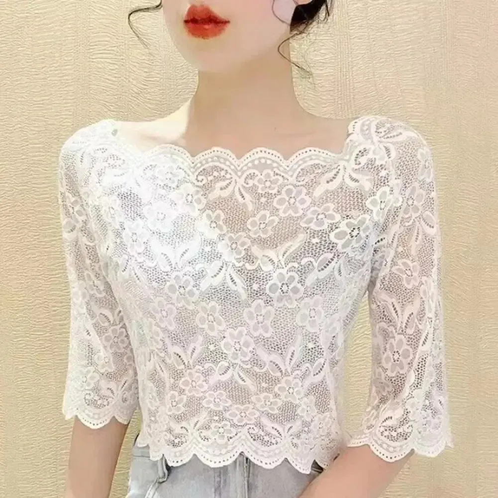 Summer Floral Lace Blouse Black White Long Sleeve Top Sexy Female T-Shirt Transparent Cropped Tops Tee Tops Slim Ladies T-Shirts