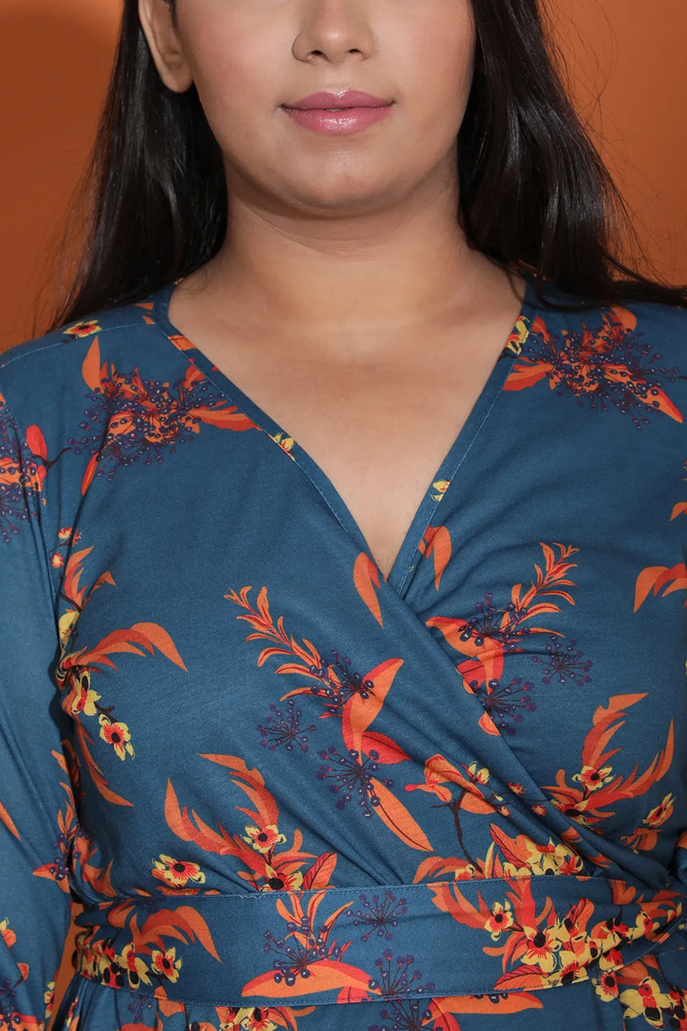 Teal Red Floral True Wrap Dress