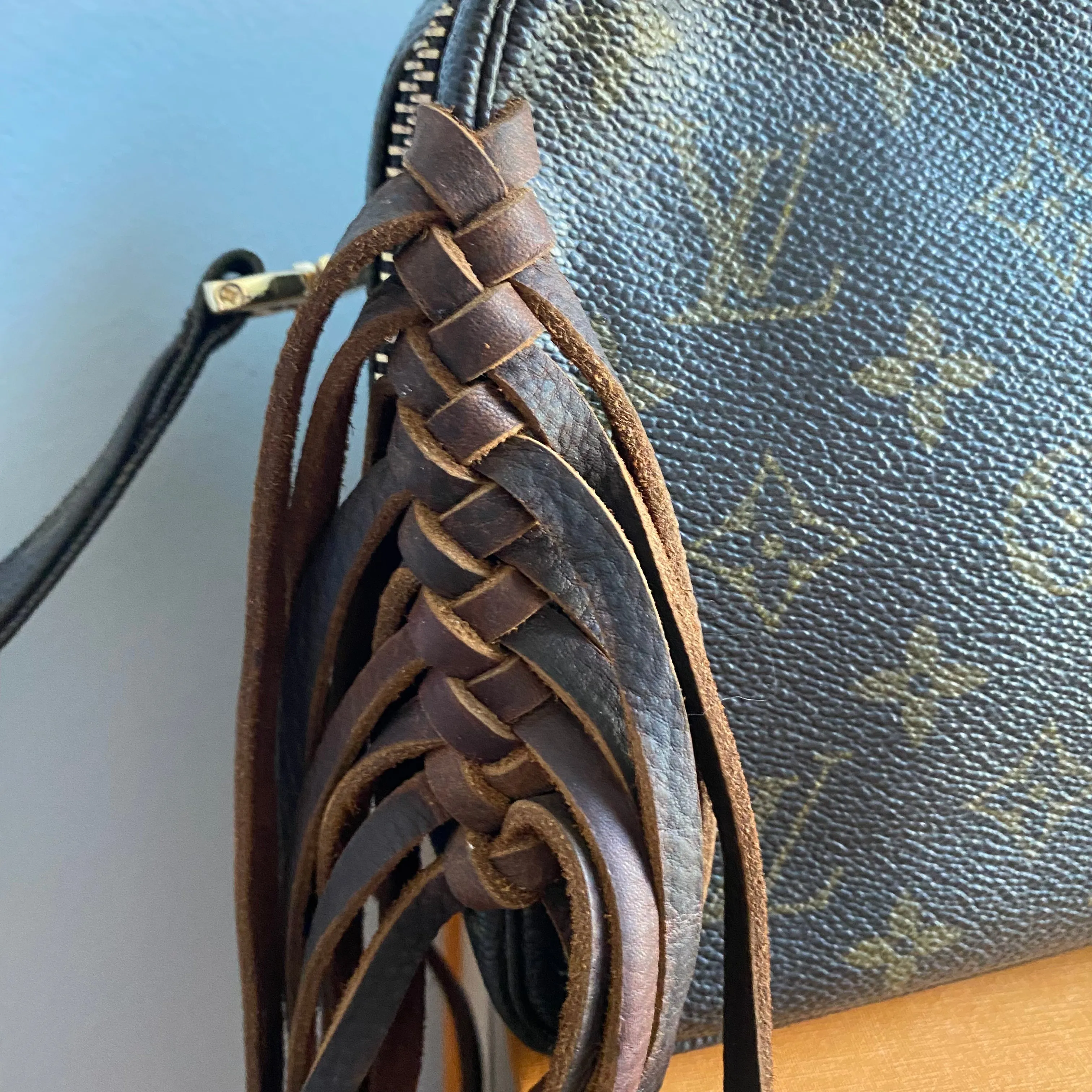 The Junco Crossbody - Vintage Monogram in Brown Fringe