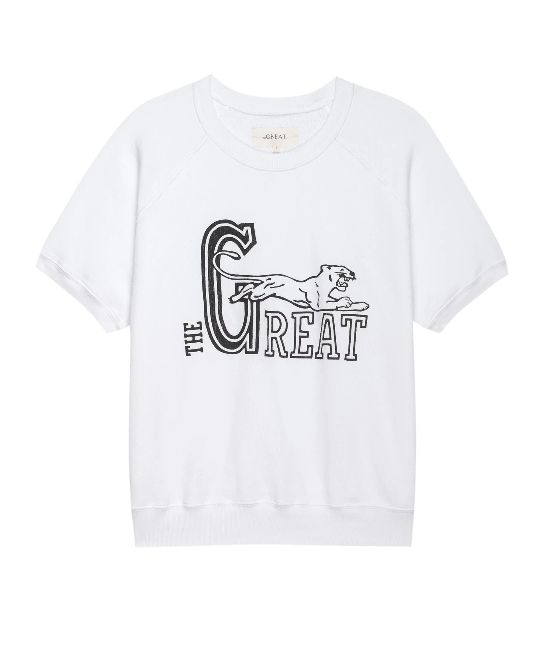 The Short Sleeve Sweatshirt. Graphic -- True White with Wild Panther Graphic