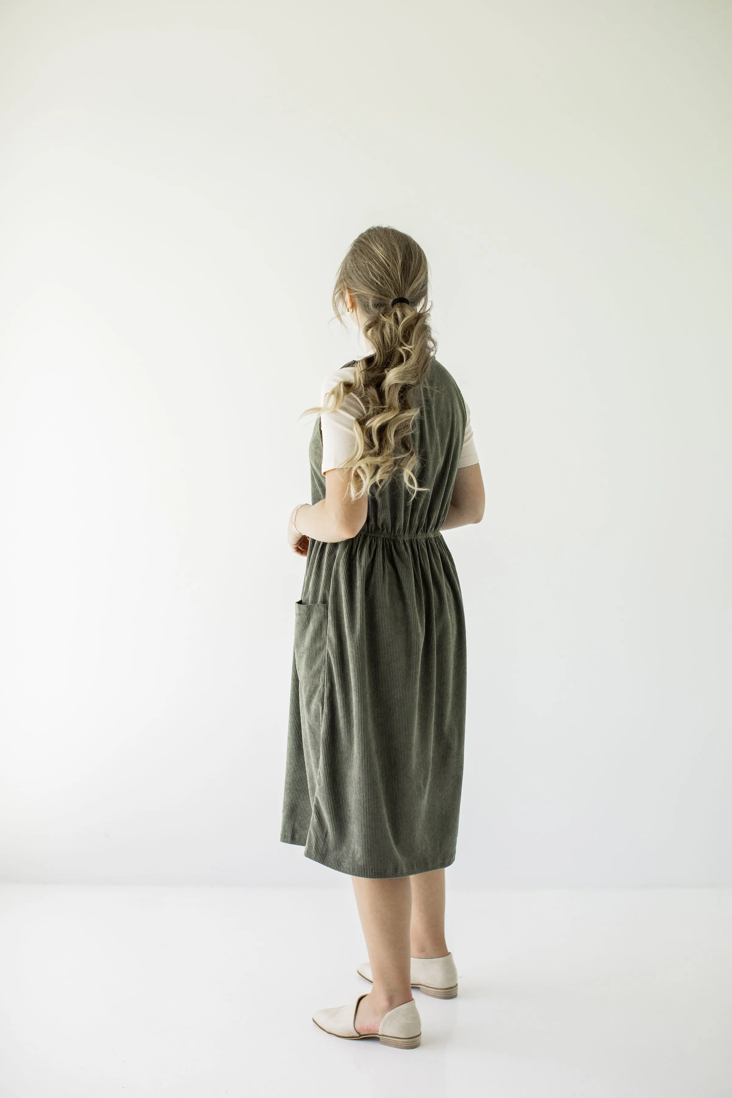 'Valley' Corduroy Overall Midi Dress in Dusty Olive