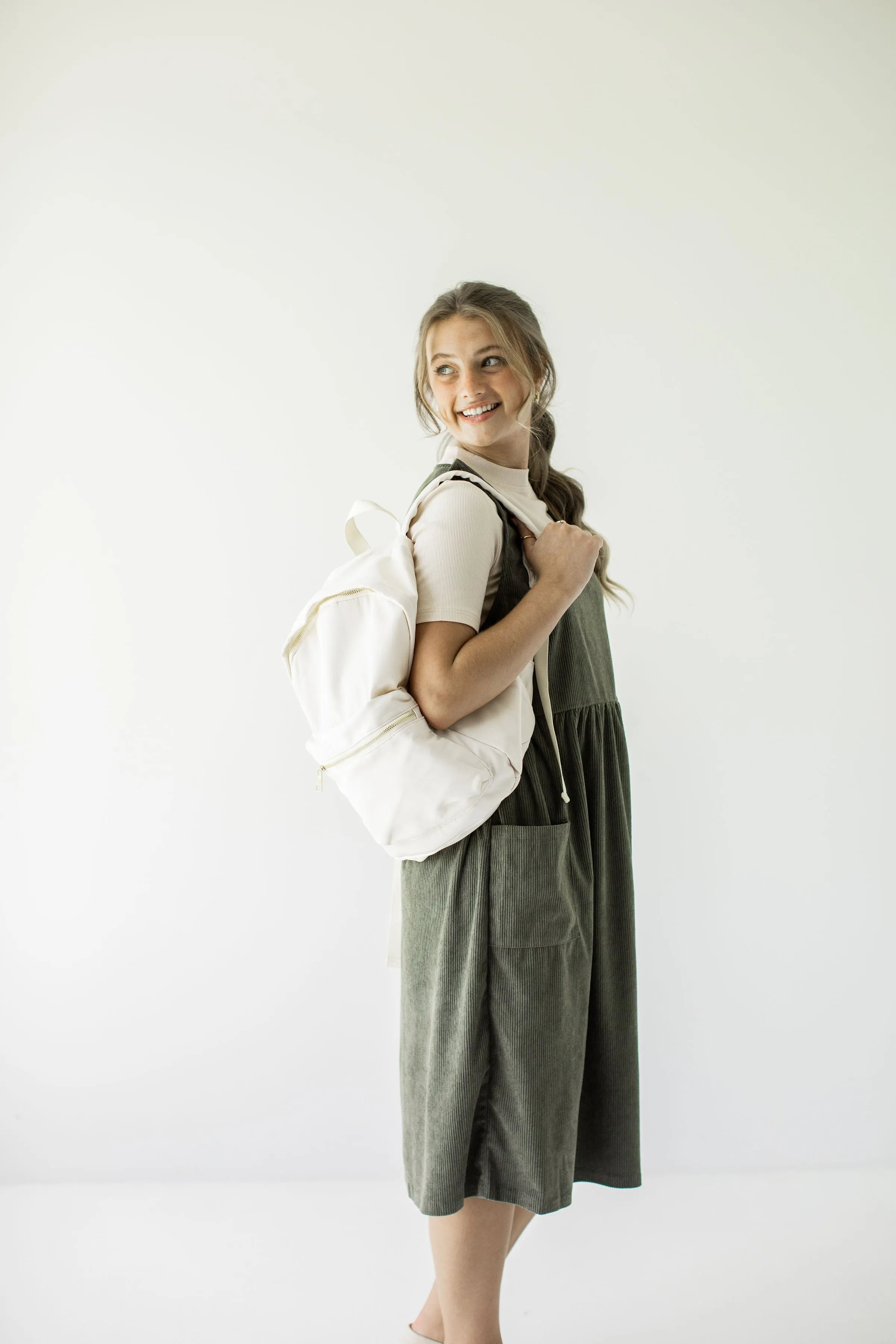 'Valley' Corduroy Overall Midi Dress in Dusty Olive