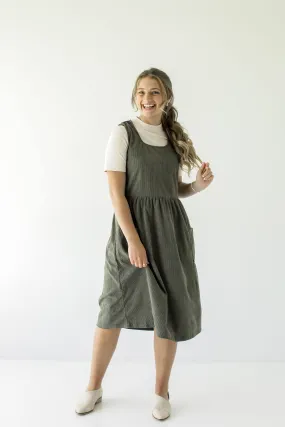 'Valley' Corduroy Overall Midi Dress in Dusty Olive