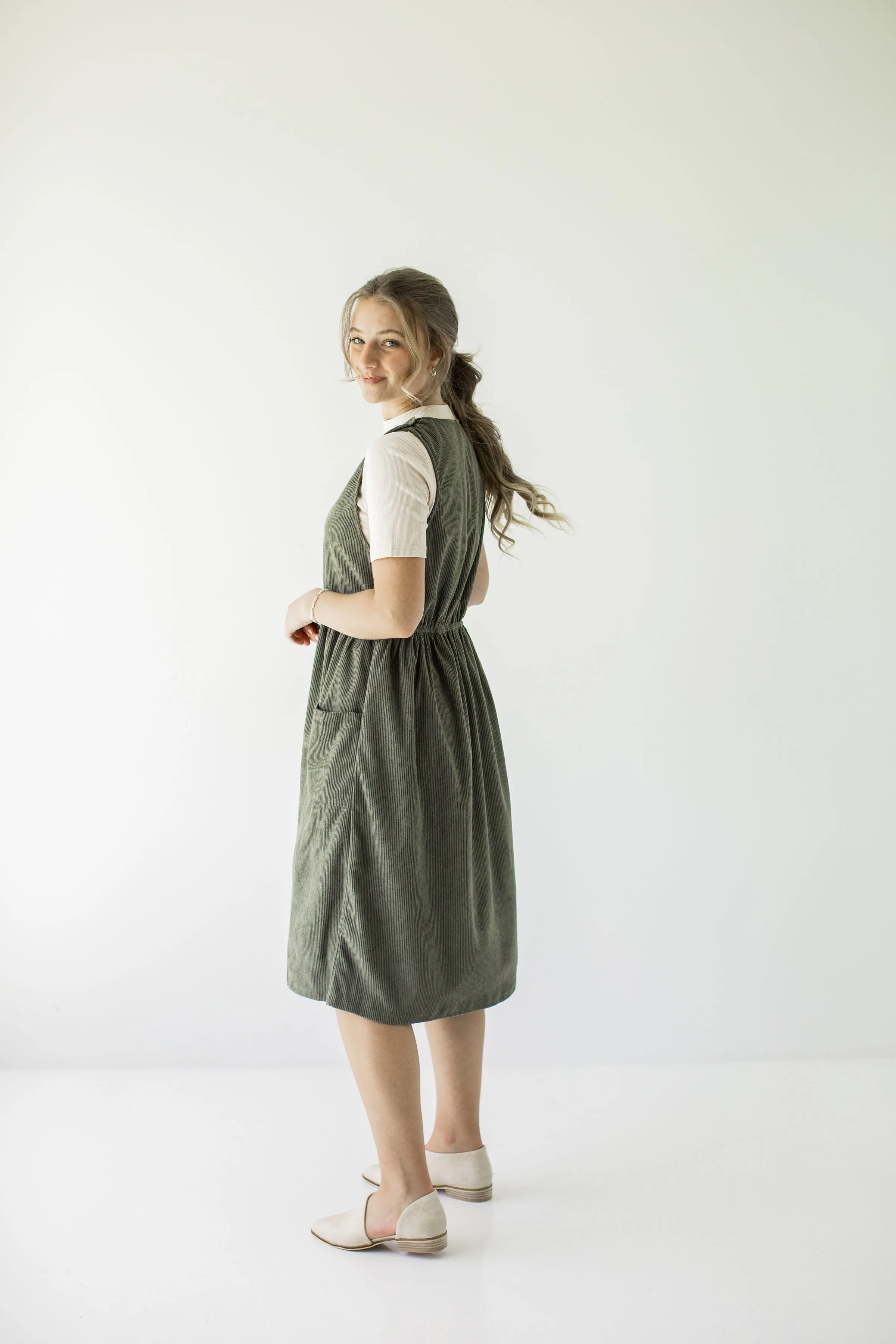 'Valley' Corduroy Overall Midi Dress in Dusty Olive