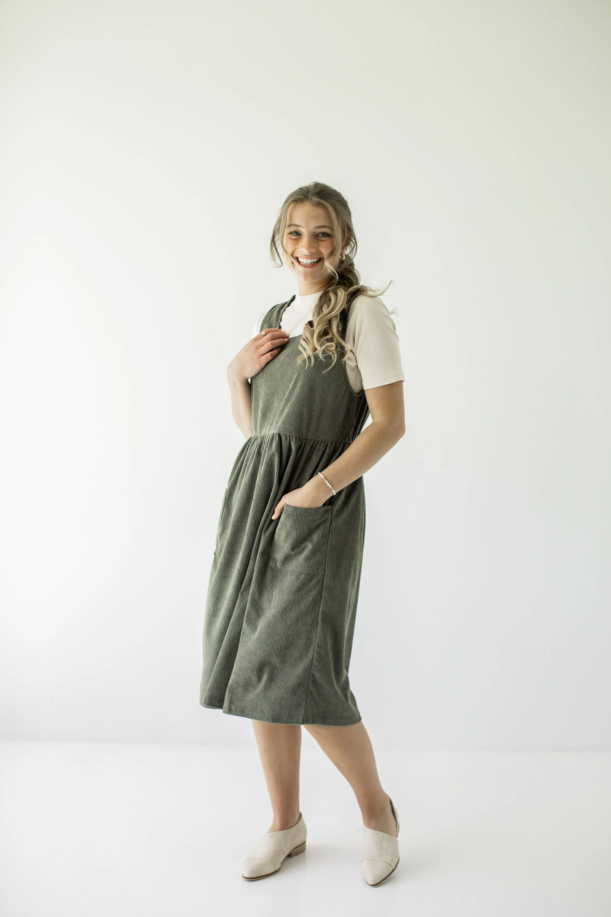 'Valley' Corduroy Overall Midi Dress in Dusty Olive