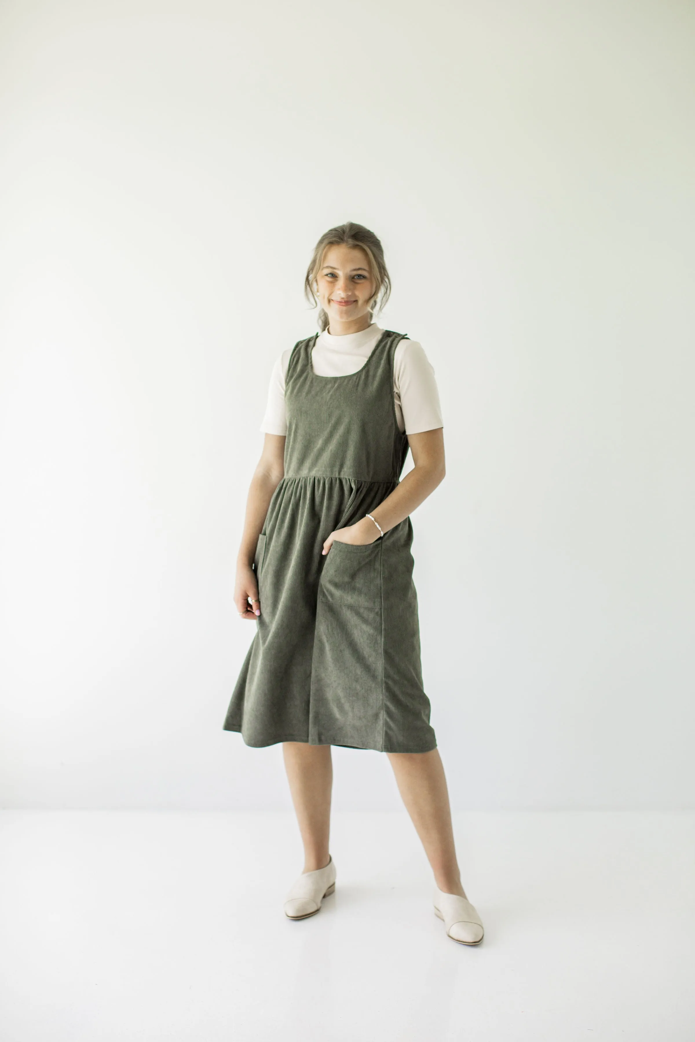 'Valley' Corduroy Overall Midi Dress in Dusty Olive