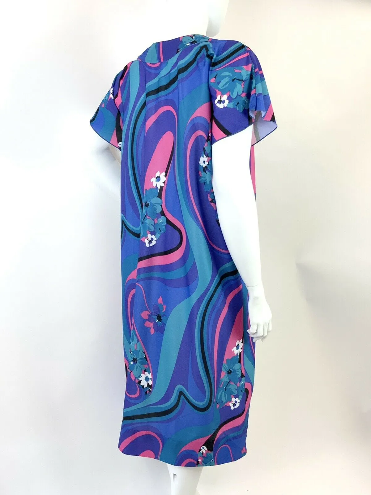 VINTAGE 60s 70s BLUE PURPLE PINK PSYCHEDELIC FLORAL SWIRL KAFTAN DRESS 20 22