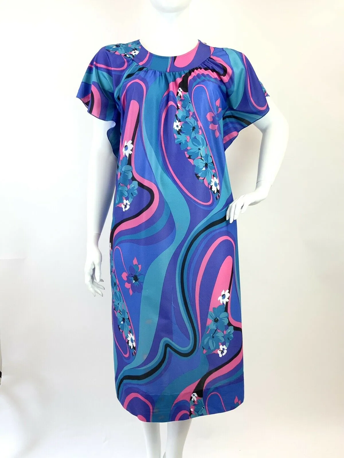 VINTAGE 60s 70s BLUE PURPLE PINK PSYCHEDELIC FLORAL SWIRL KAFTAN DRESS 20 22