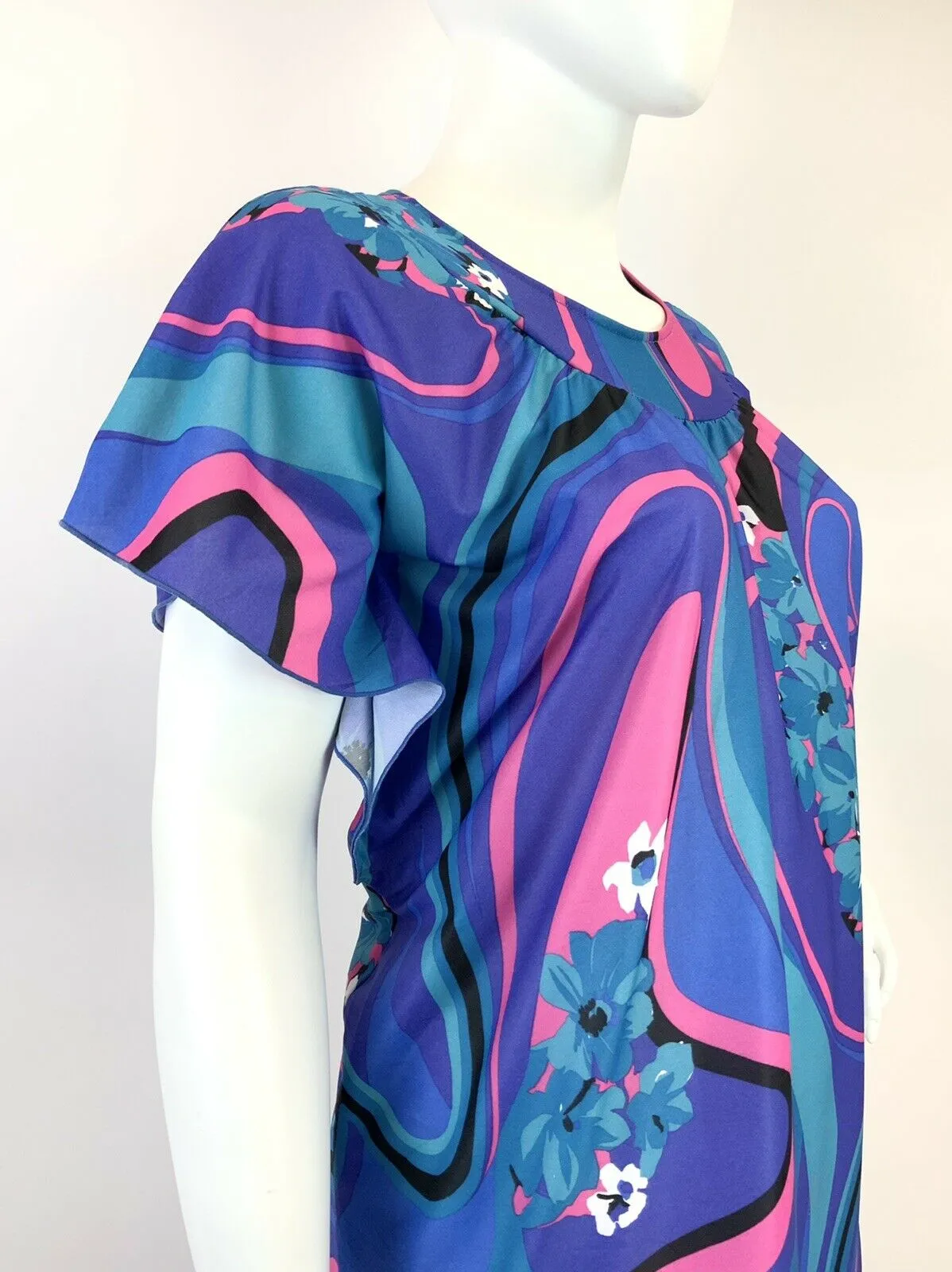 VINTAGE 60s 70s BLUE PURPLE PINK PSYCHEDELIC FLORAL SWIRL KAFTAN DRESS 20 22