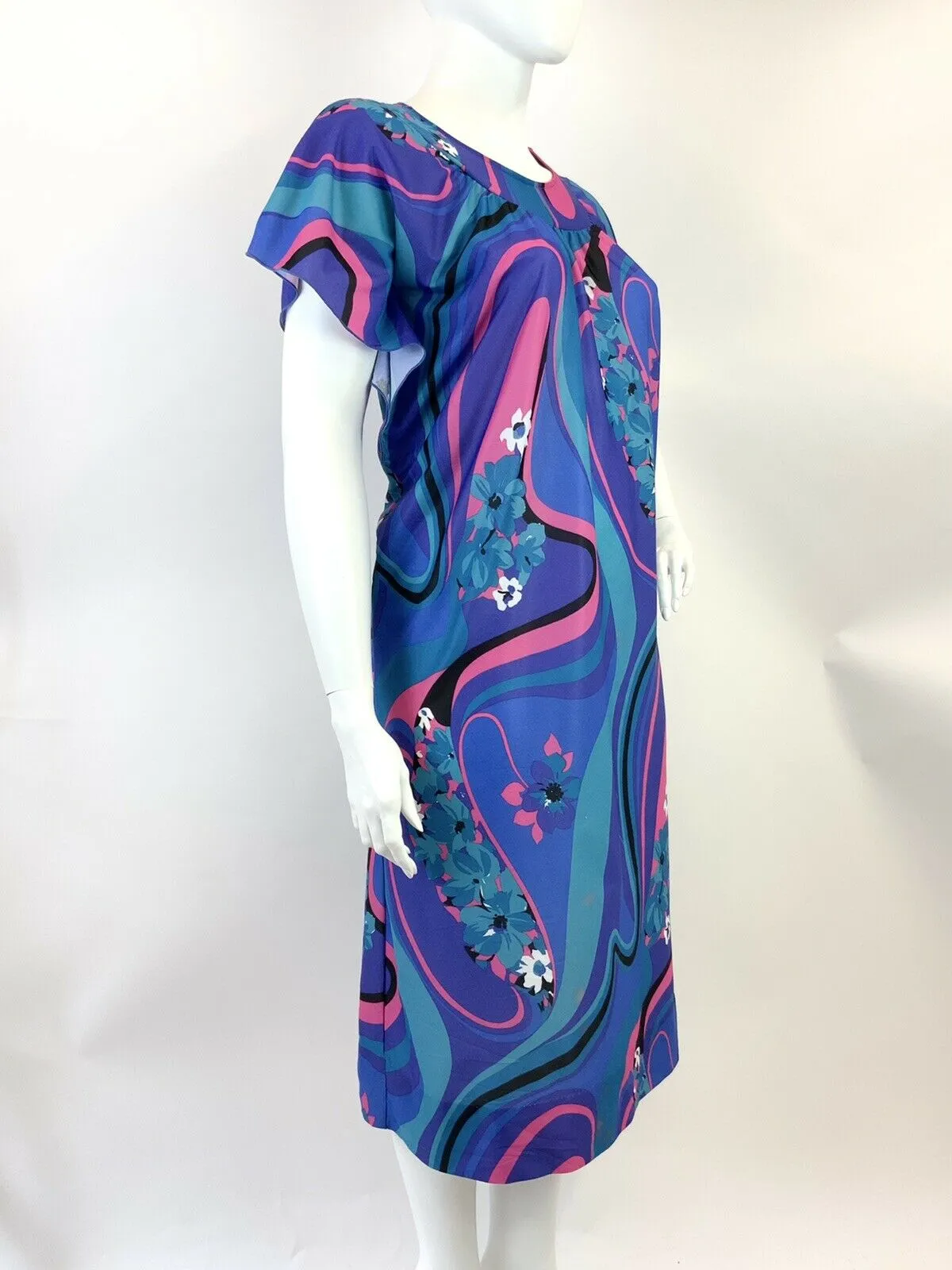 VINTAGE 60s 70s BLUE PURPLE PINK PSYCHEDELIC FLORAL SWIRL KAFTAN DRESS 20 22