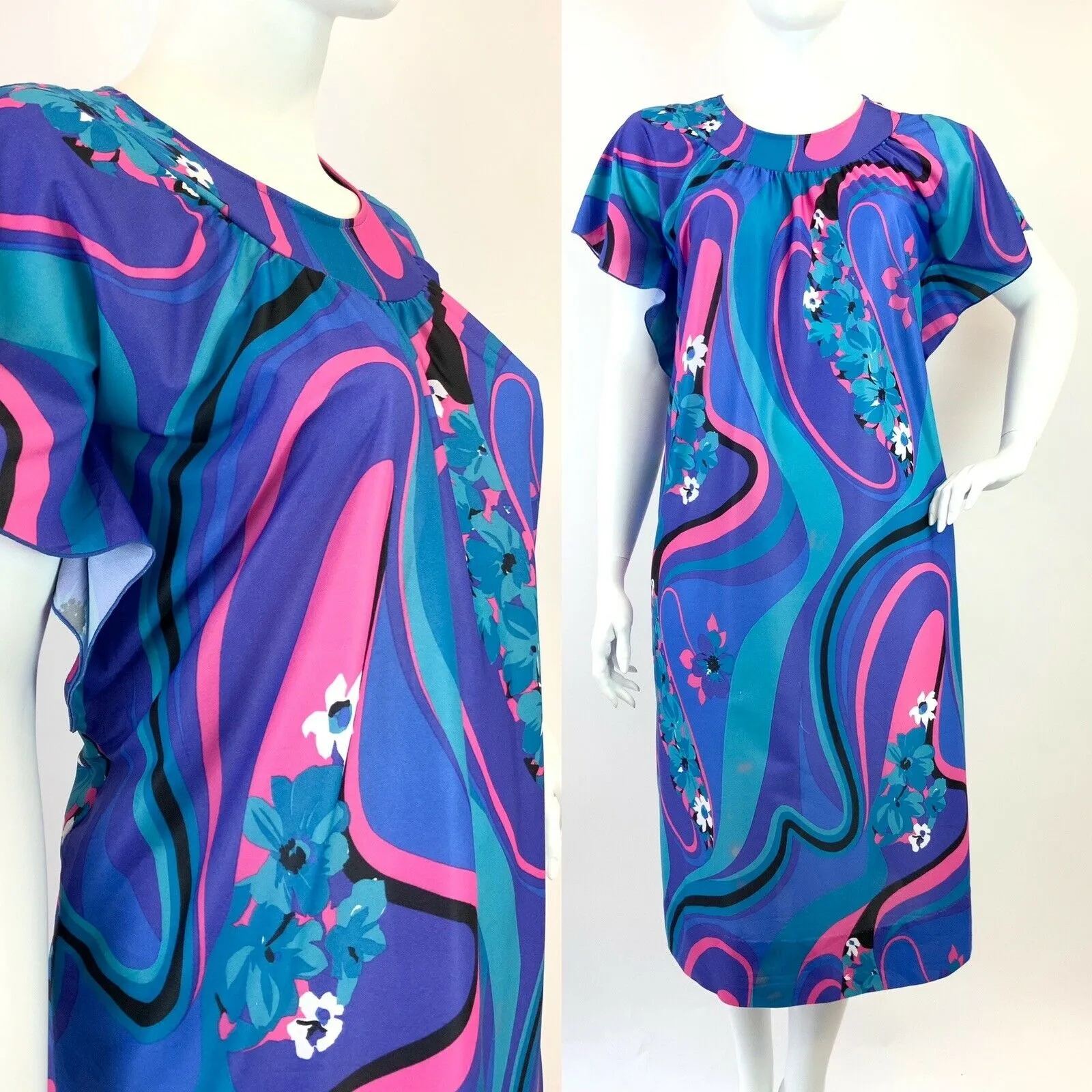 VINTAGE 60s 70s BLUE PURPLE PINK PSYCHEDELIC FLORAL SWIRL KAFTAN DRESS 20 22
