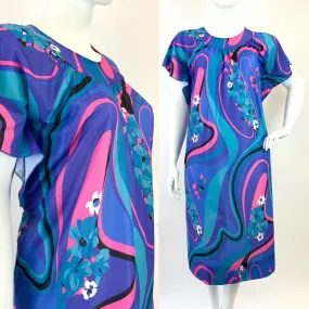 VINTAGE 60s 70s BLUE PURPLE PINK PSYCHEDELIC FLORAL SWIRL KAFTAN DRESS 20 22