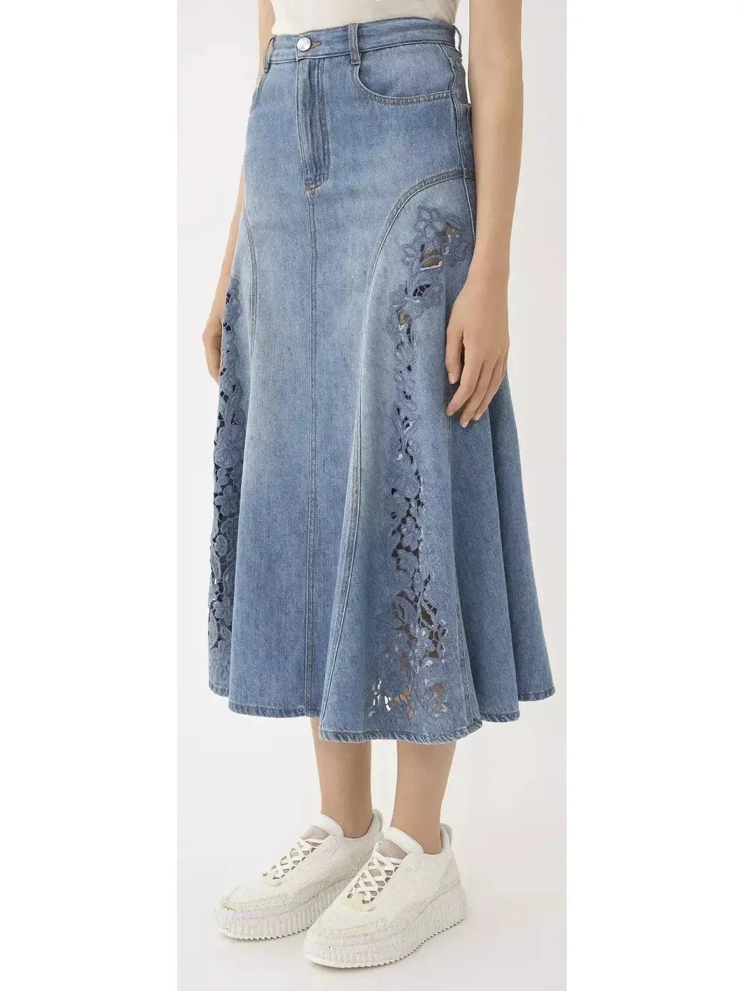 Women’s Denim Flared Vintage-Wash Laser-Cut Midi Skirt