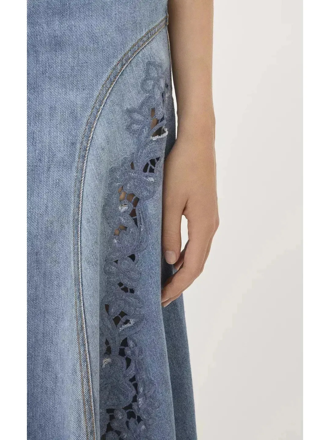 Women’s Denim Flared Vintage-Wash Laser-Cut Midi Skirt