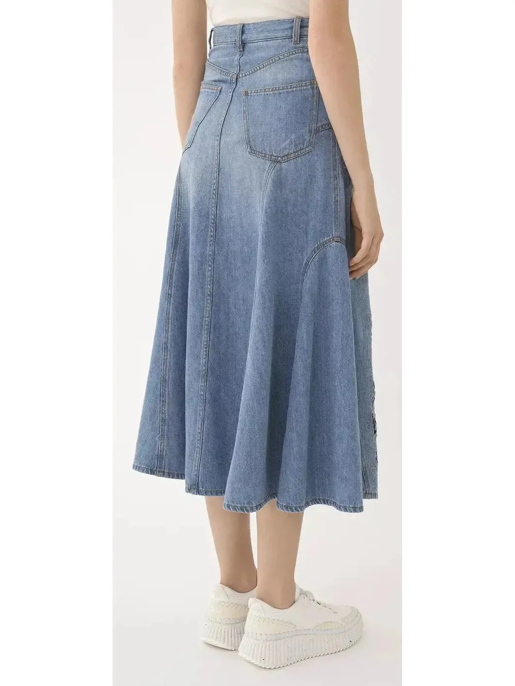 Women’s Denim Flared Vintage-Wash Laser-Cut Midi Skirt