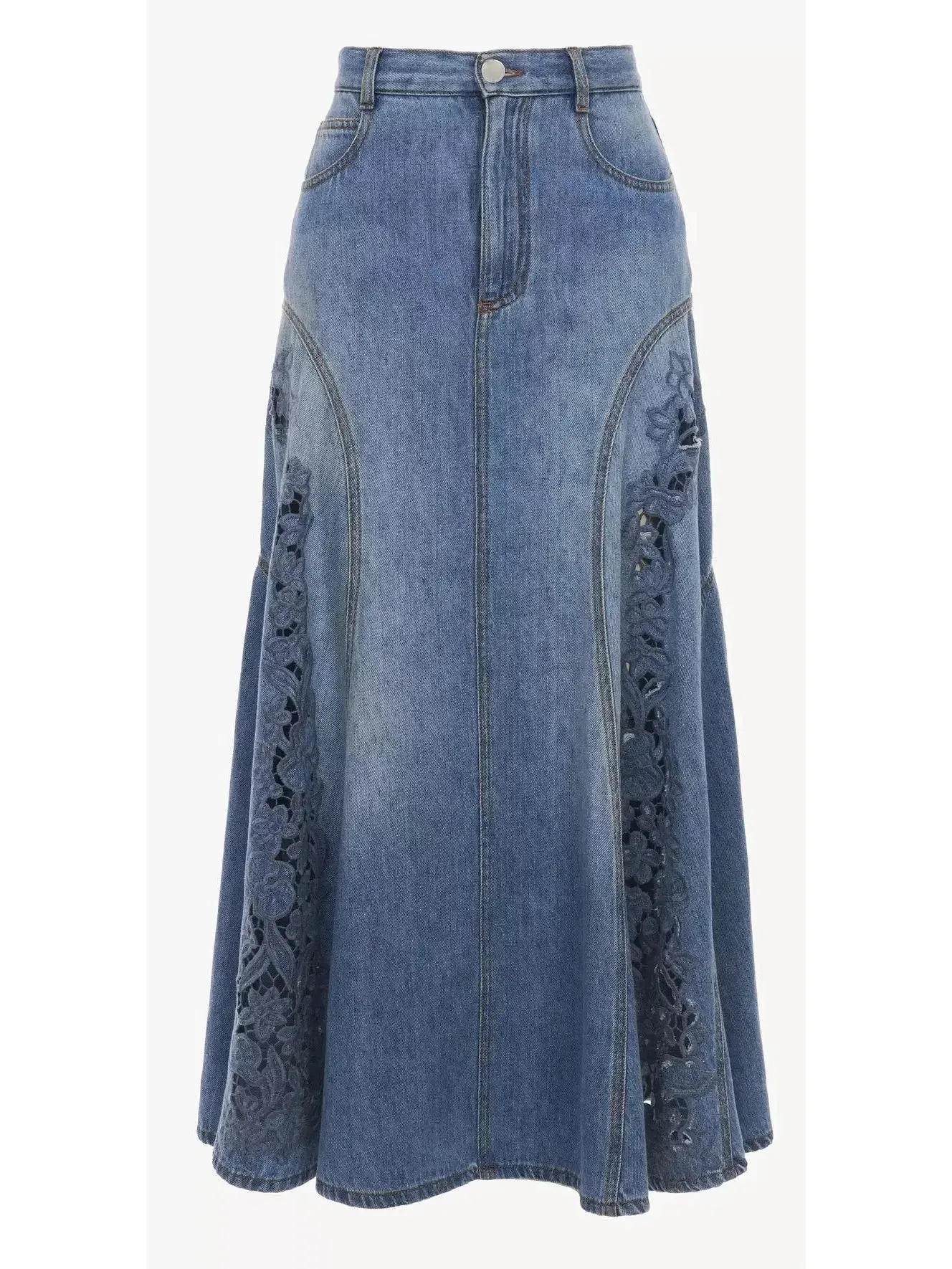Women’s Denim Flared Vintage-Wash Laser-Cut Midi Skirt