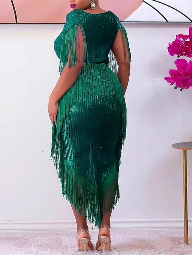 Women's Plus Size Sequin Dress Fringe Dress Prom Dress Party Dress Sparkly Dress Solid Color V Neck Short Sleeve Spring Fall Prom Dress Maxi long Dress Daily Dress Tassel Split