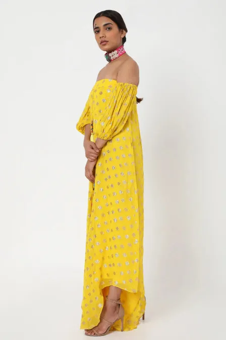 Yellow Embroidered Off Shoulder Jumpsuit