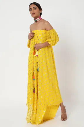 Yellow Embroidered Off Shoulder Jumpsuit