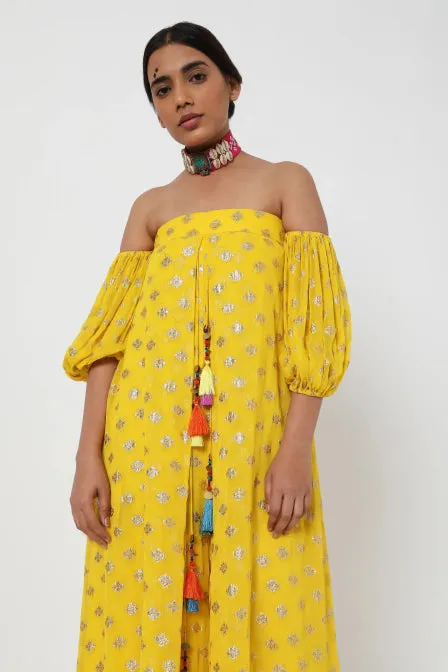 Yellow Embroidered Off Shoulder Jumpsuit